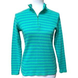 LL Bean Sweater Womens Large Blue Cotton Striped 1/4 Zip Mock Neck Casual Hiking